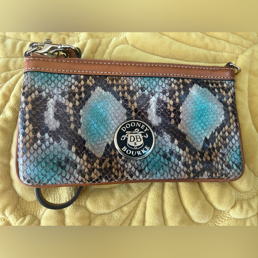 Dooney & Bourke Turquoise and Brown Snake Print Wristlet